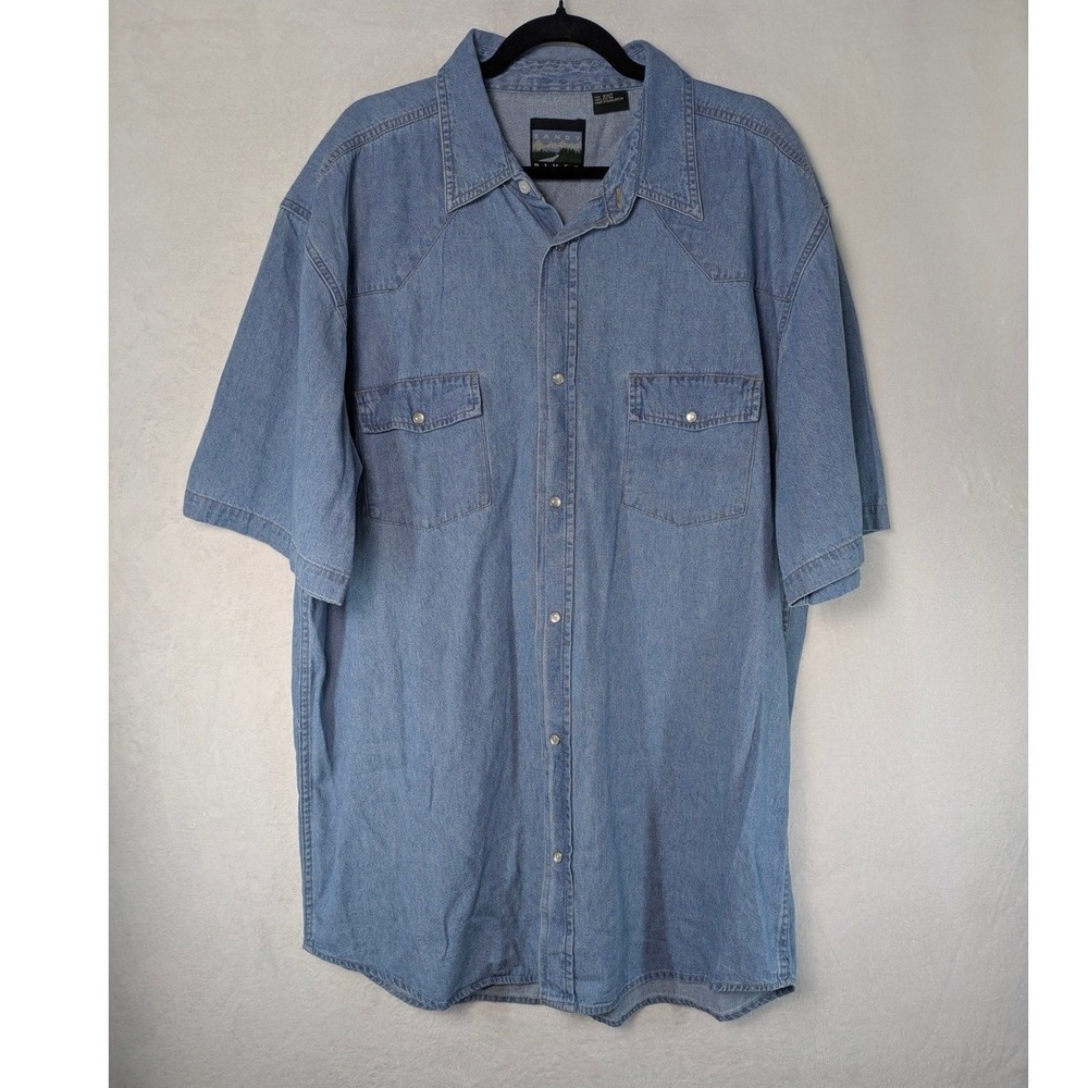 Sandy River Pearl Snap‎ Denim Shirt 2XLT Blue Western Short Sleeve Yoke Detail